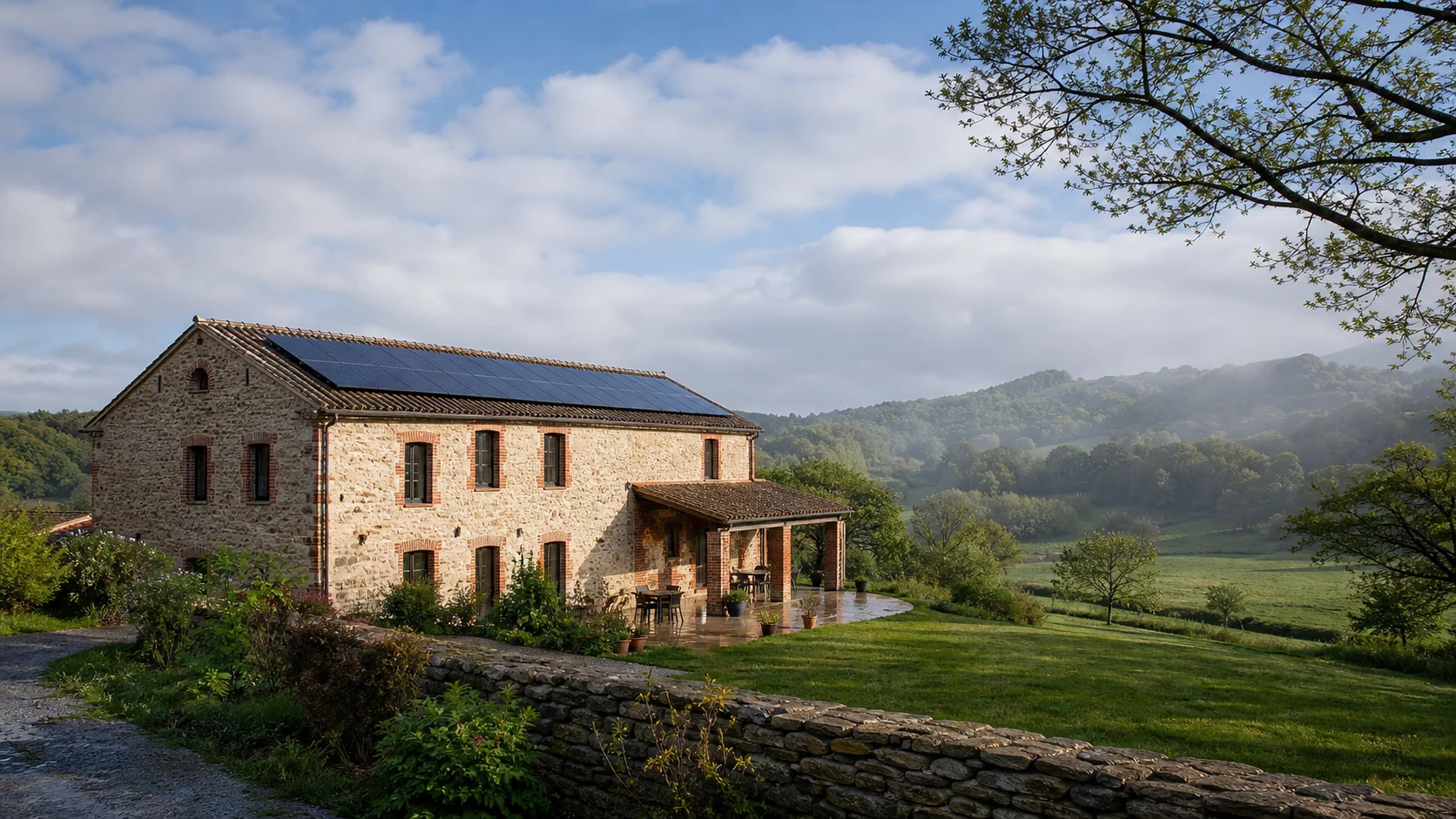 Bâti rural solaire en Occitanie Maison rurale en pierre d’Occitanie équipée d’une toiture photovoltaïque