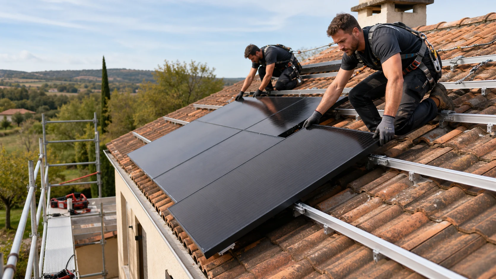 Pose professionnelle sécurisée Deux installateurs équipés posent des panneaux solaires sur un toit en tuiles